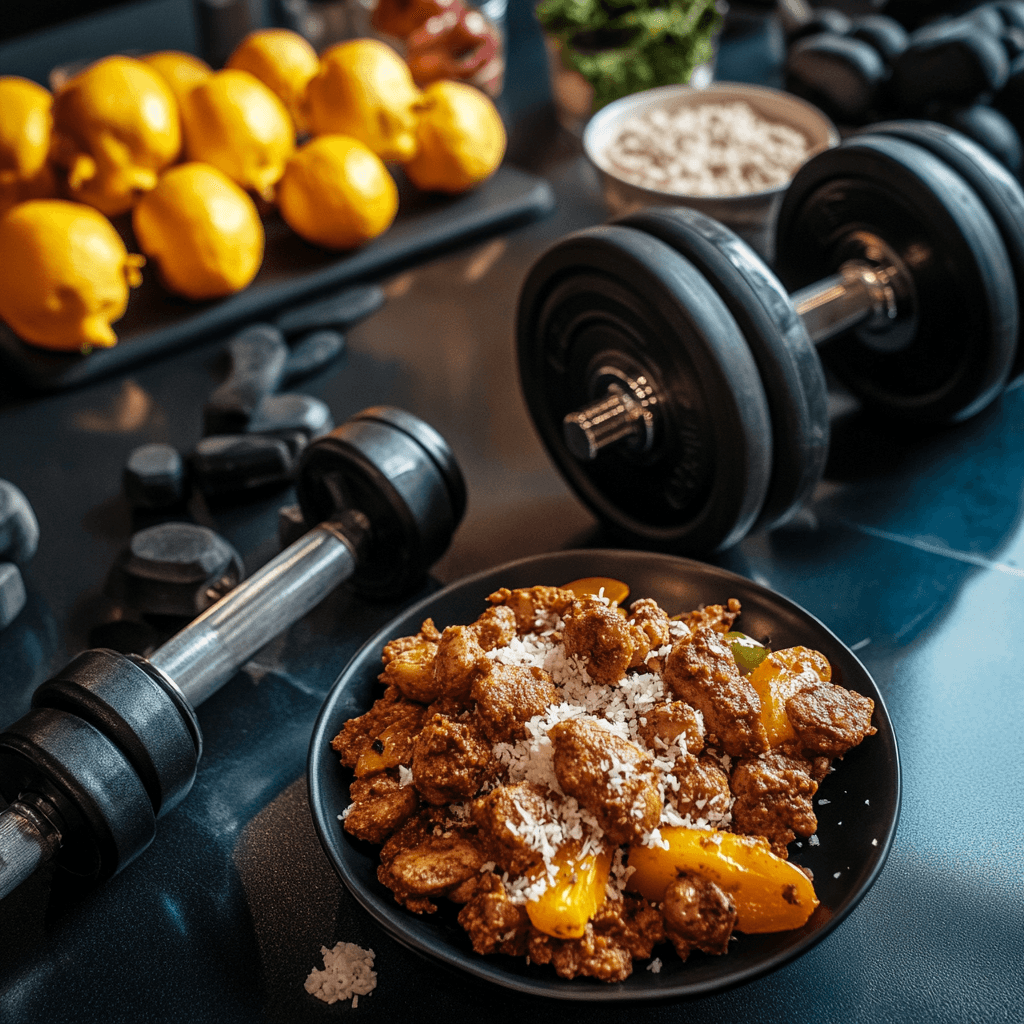 An array of wholesome Indian foods alongside a bodybuilder