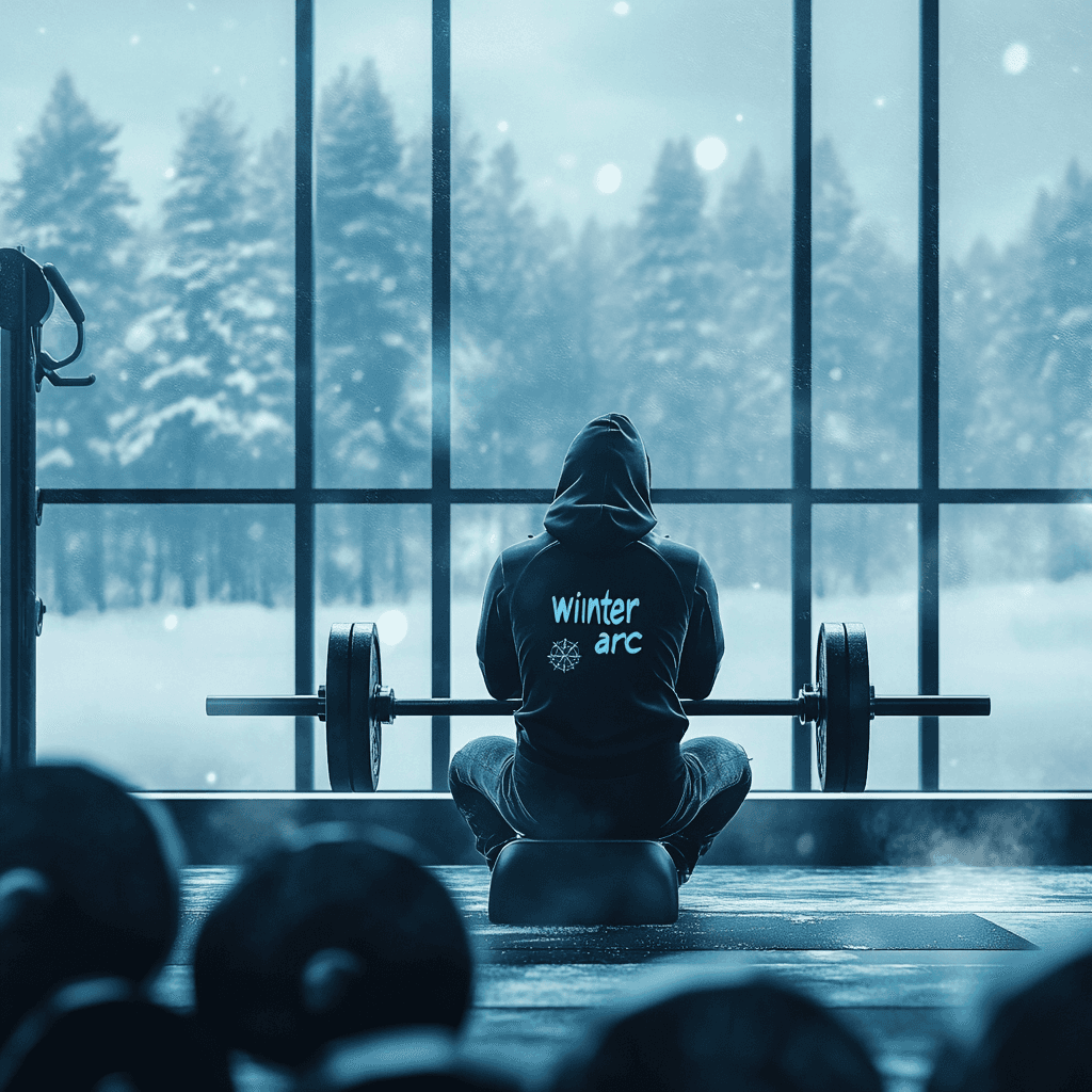 A person working out in a winter-themed gym